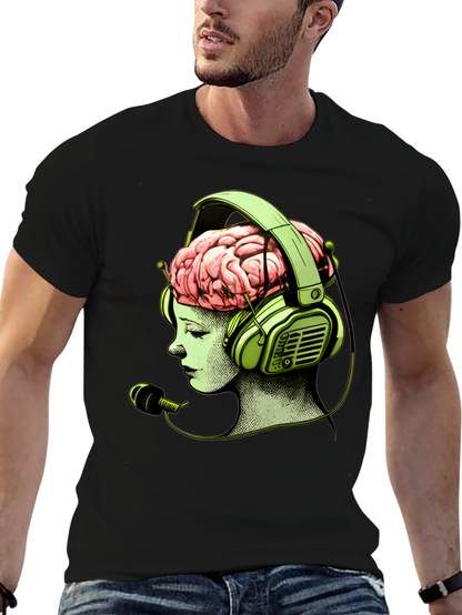 Camiseta Negra con Diseño Cerebral y Auriculares