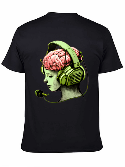 Camiseta Negra con Diseño Cerebral y Auriculares