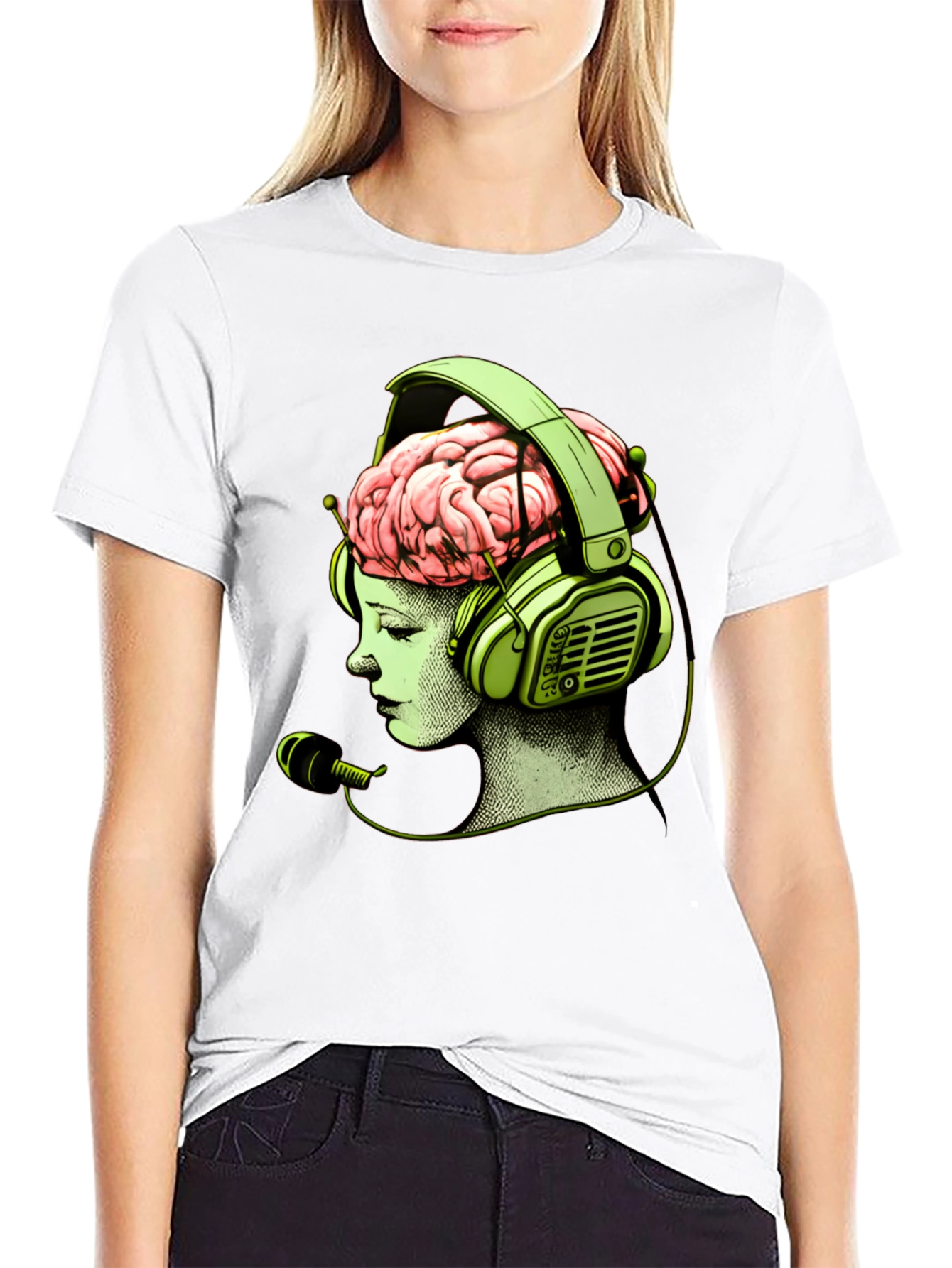 Camiseta Negra con Diseño Cerebral y Auriculares