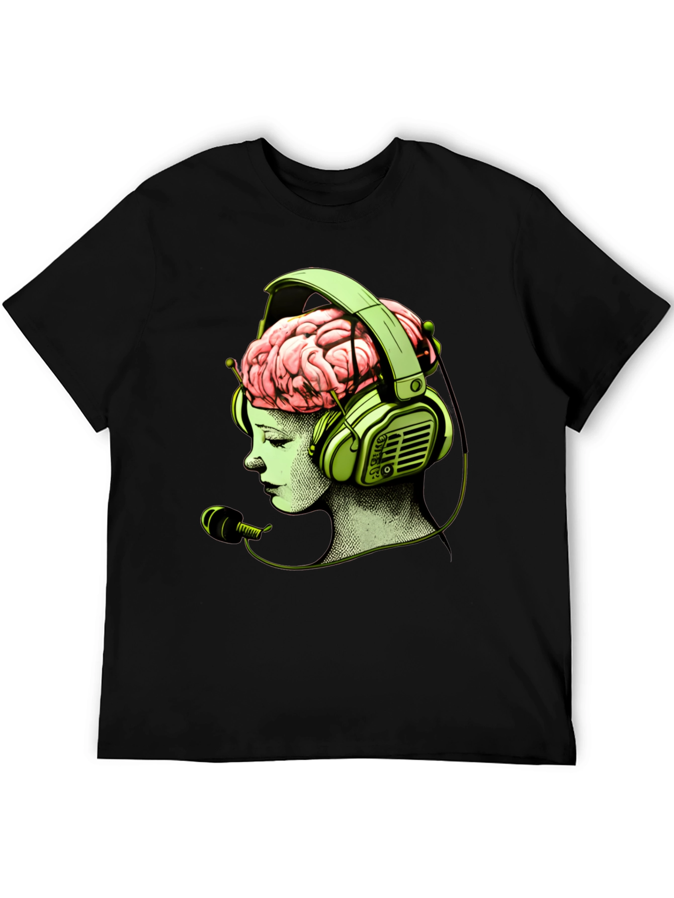 Camiseta Negra con Diseño Cerebral y Auriculares