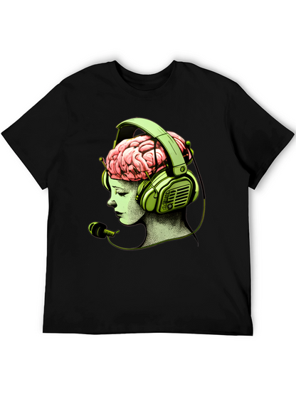 Camiseta Negra con Diseño Cerebral y Auriculares