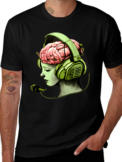 Camiseta Negra con Diseño Cerebral y Auriculares