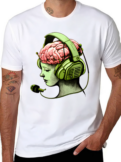 Camiseta Negra con Diseño Cerebral y Auriculares