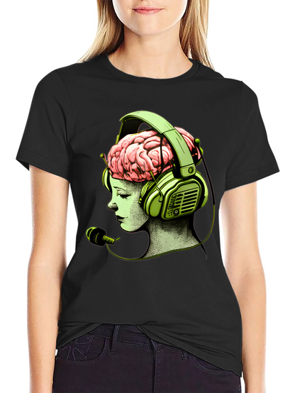 Camiseta Negra con Diseño Cerebral y Auriculares