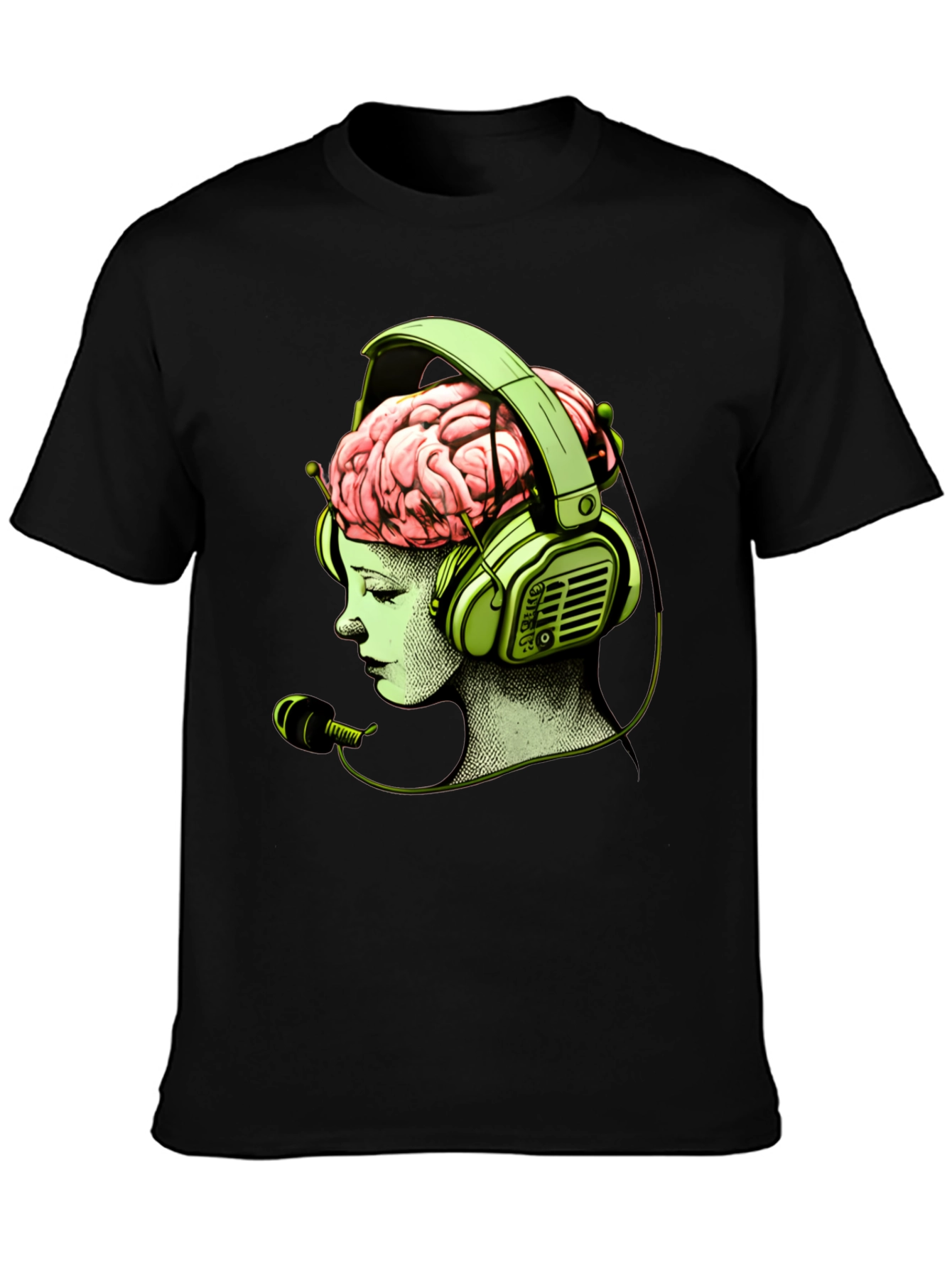 Camiseta Negra con Diseño Cerebral y Auriculares