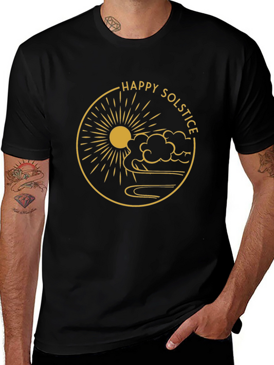 Camiseta Negra Feliz Solsticio Diseño Dorado