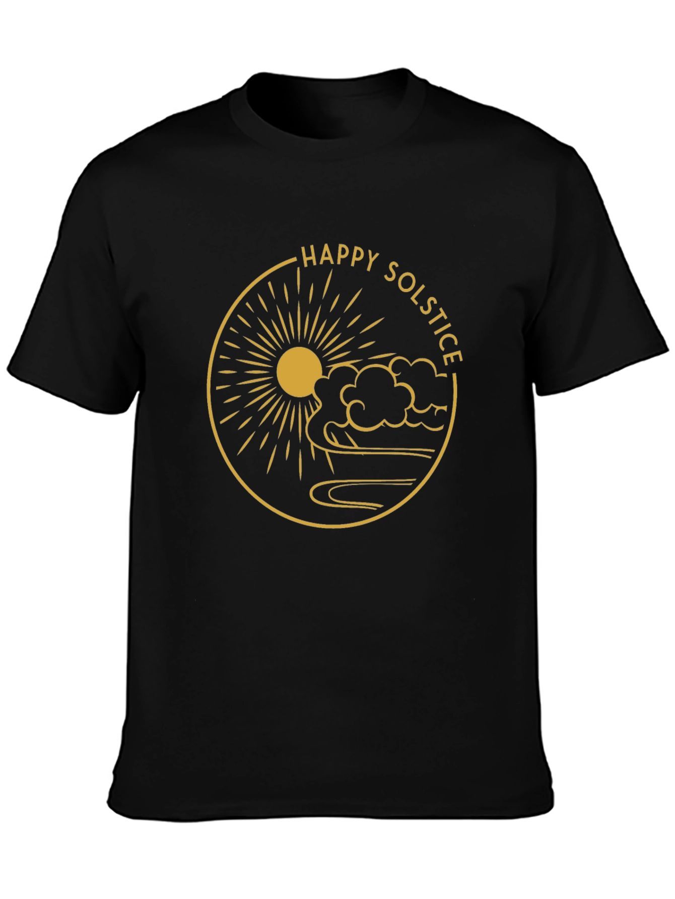 Camiseta Negra Feliz Solsticio Diseño Dorado