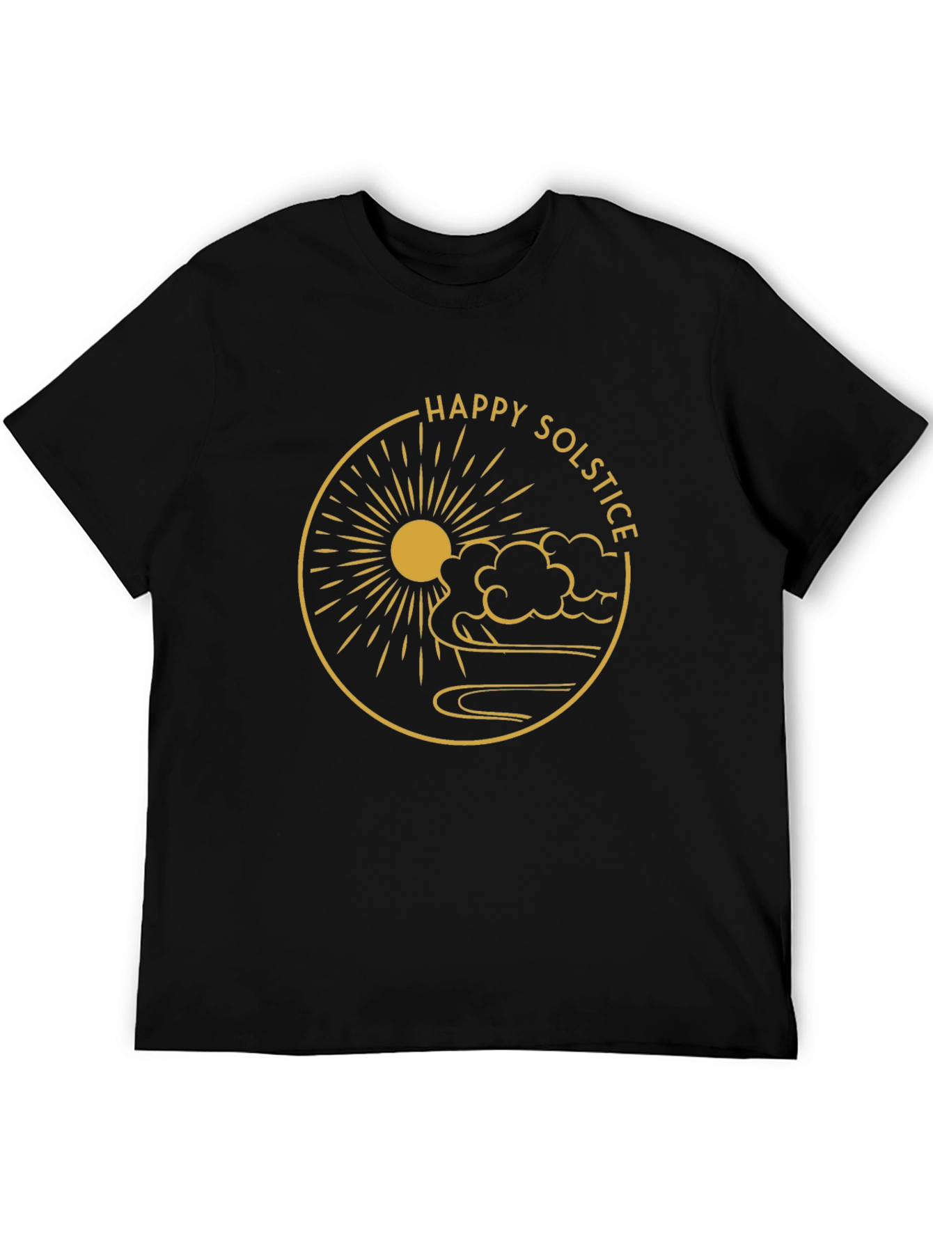 Camiseta Negra Feliz Solsticio Diseño Dorado