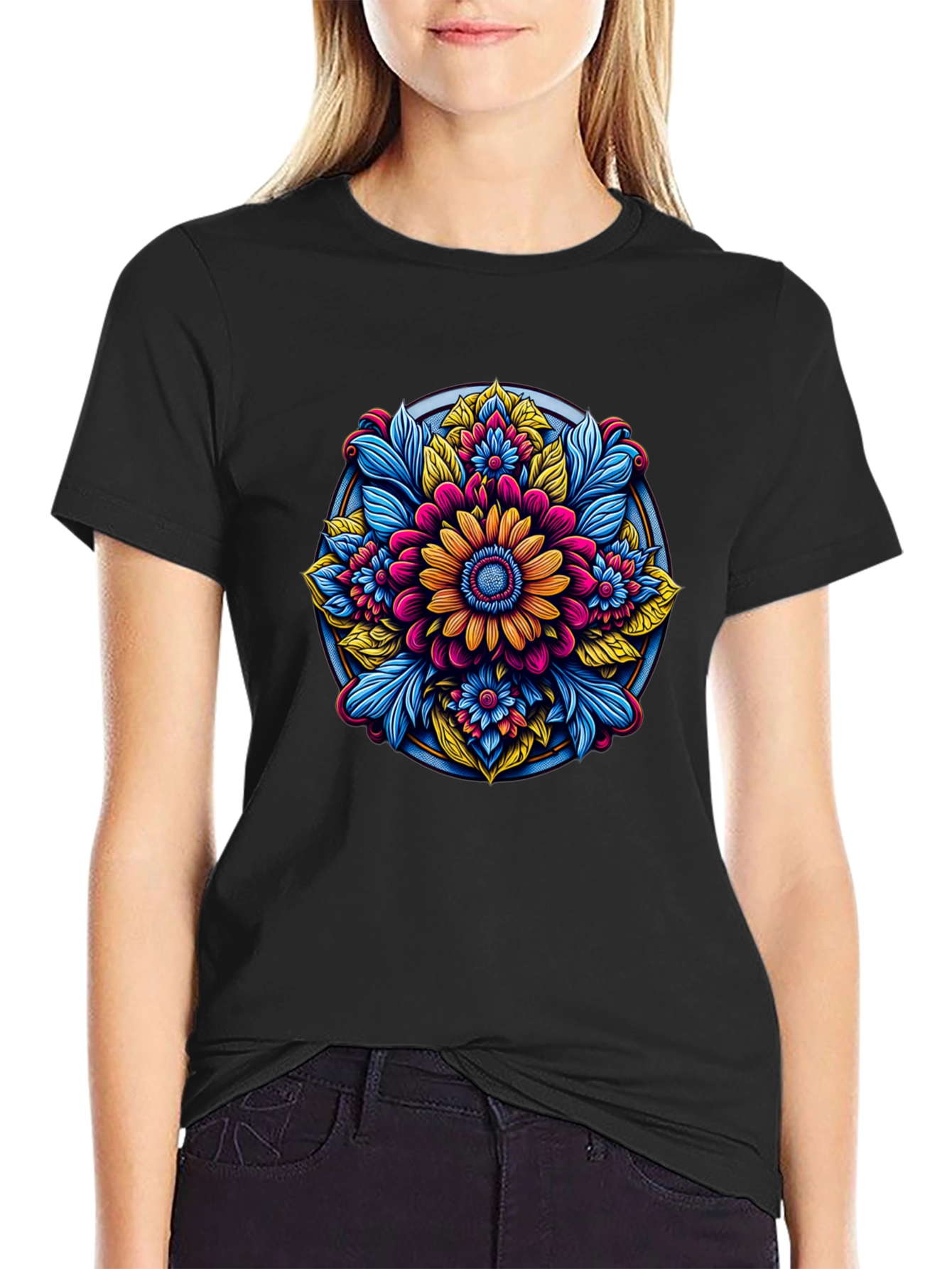 Camiseta Negra con Diseño Floral Mandala