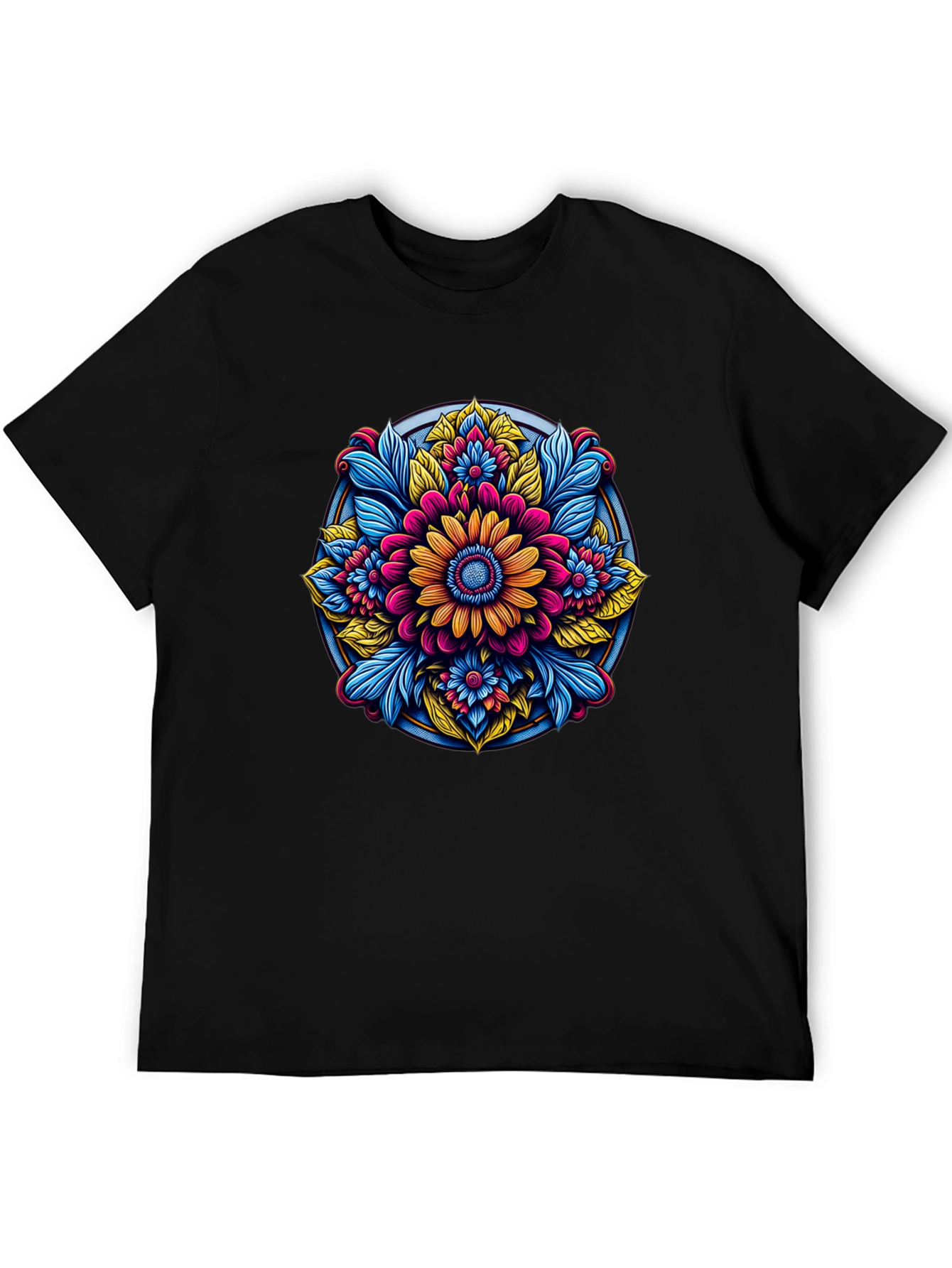 Camiseta Negra con Diseño Floral Mandala