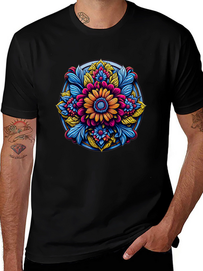 Camiseta Negra con Diseño Floral Mandala