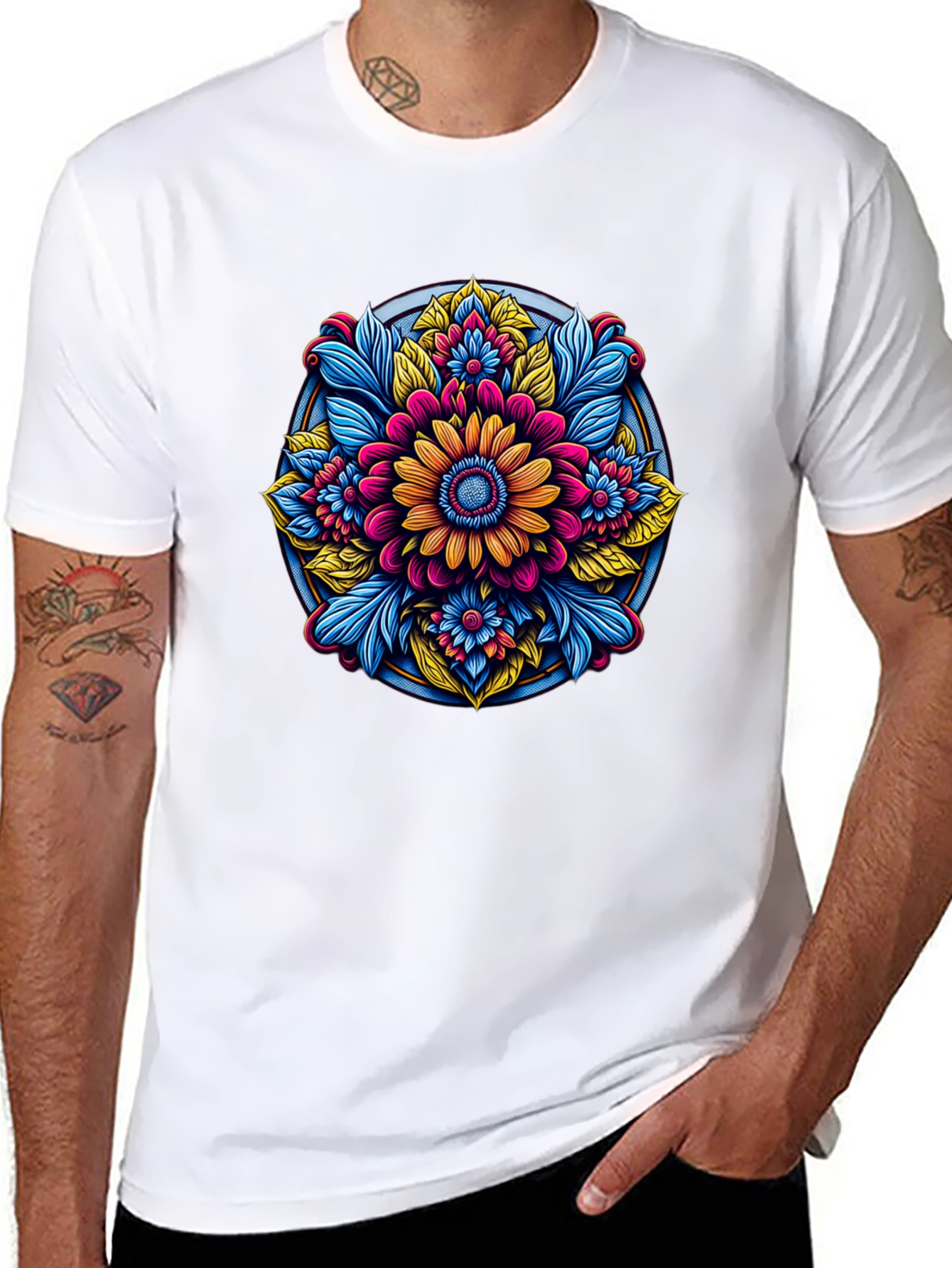 Camiseta Negra con Diseño Floral Mandala