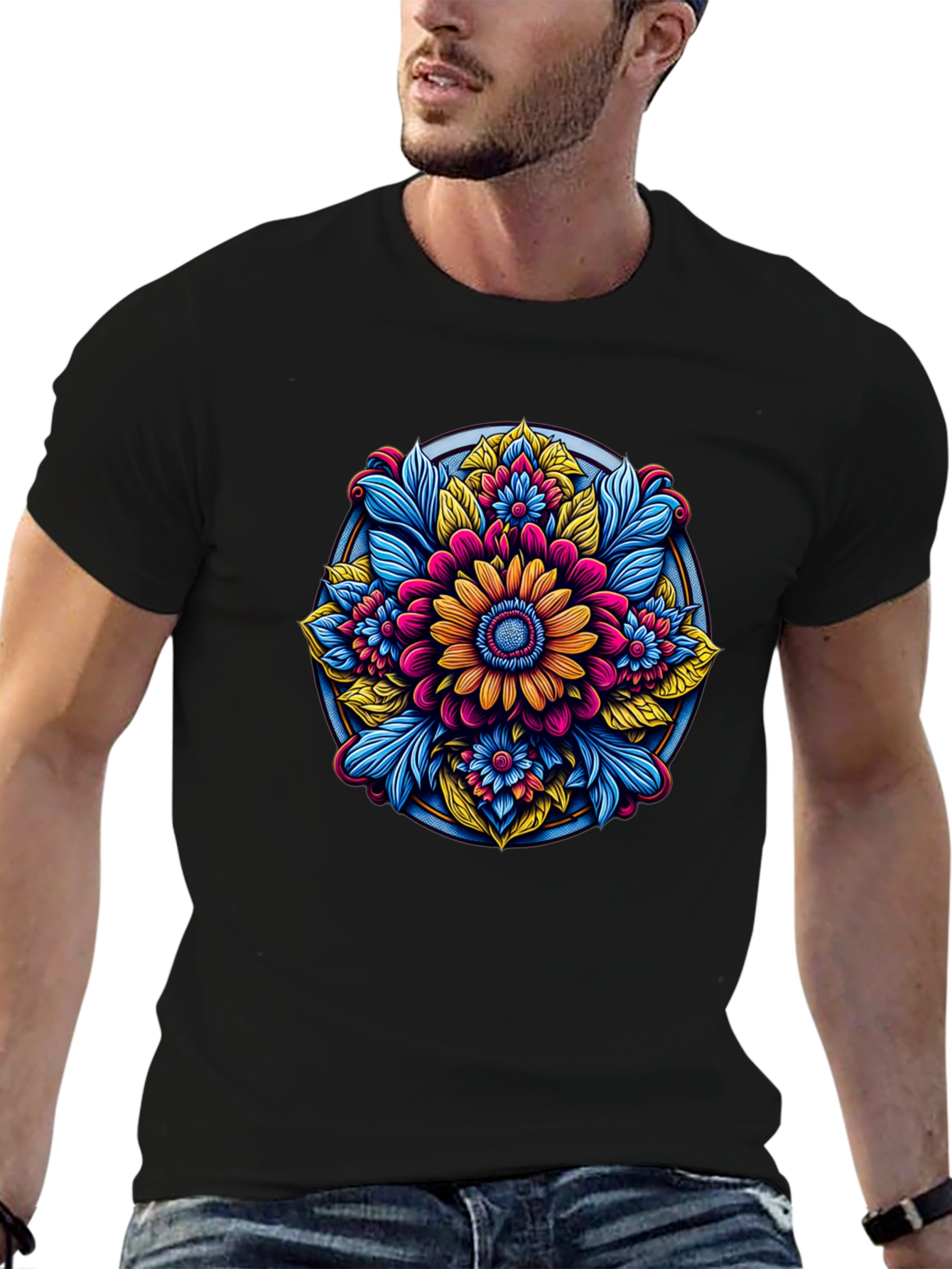 Camiseta Negra con Diseño Floral Mandala