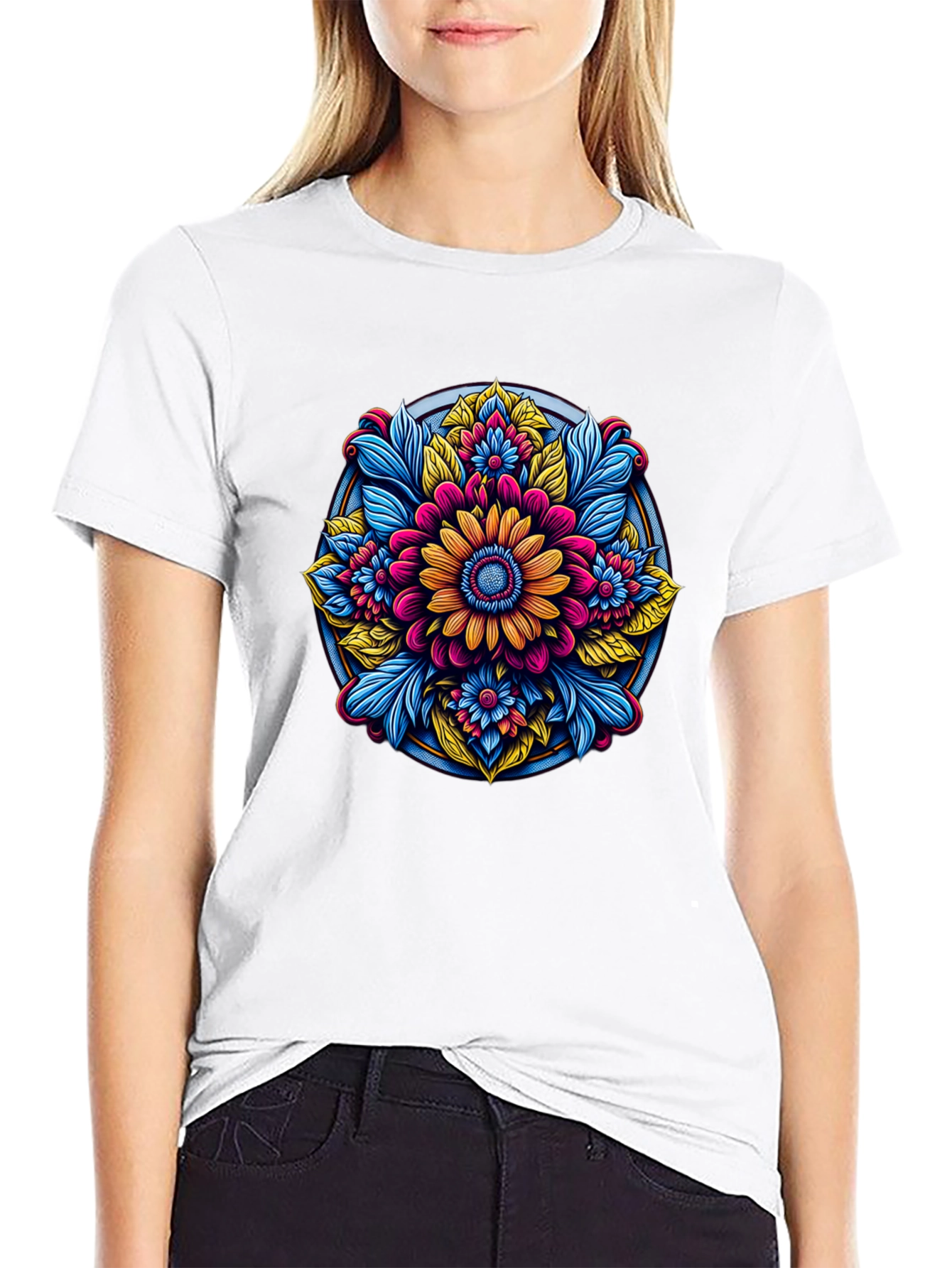 Camiseta Negra con Diseño Floral Mandala
