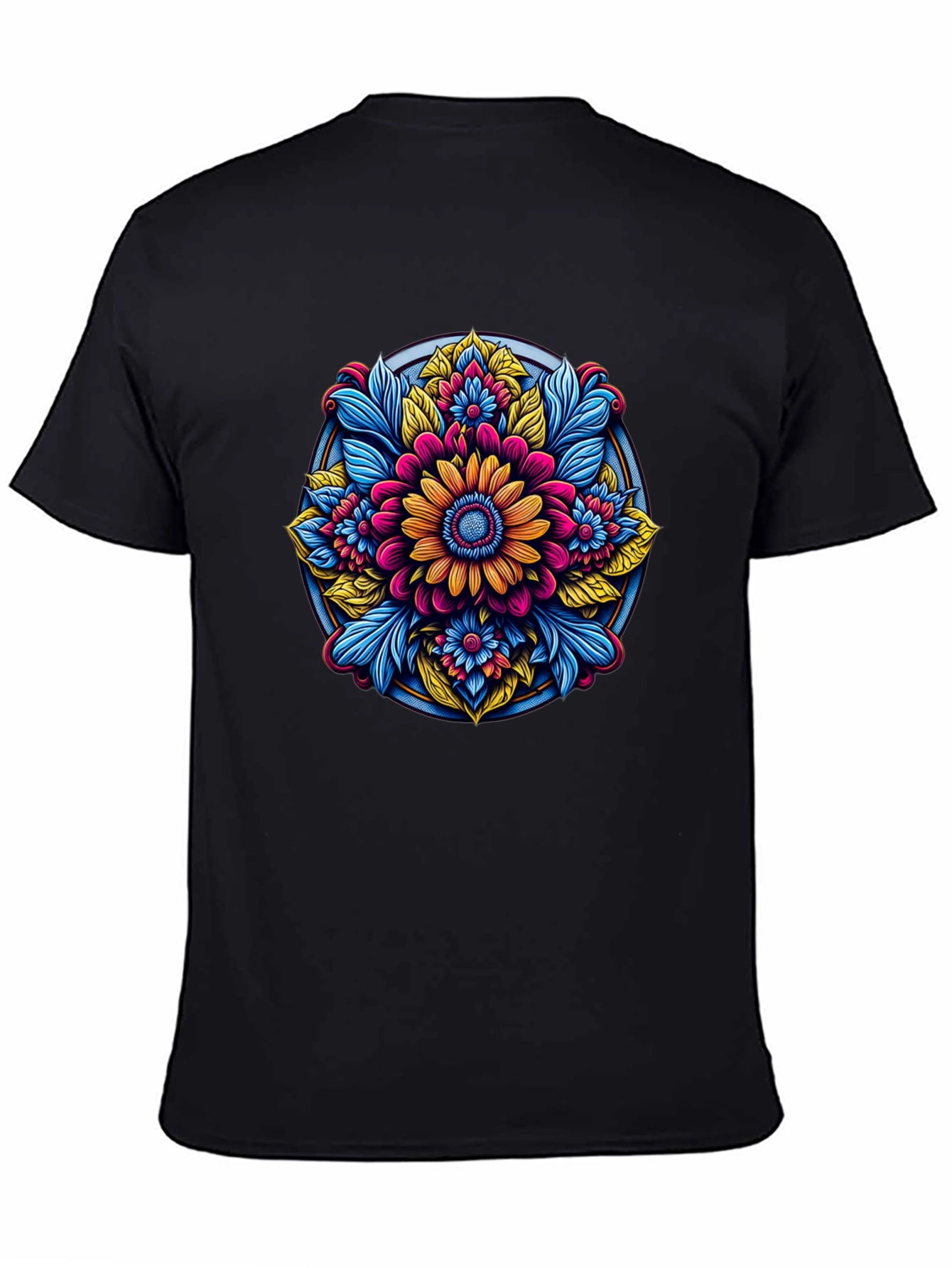 Camiseta Negra con Diseño Floral Mandala