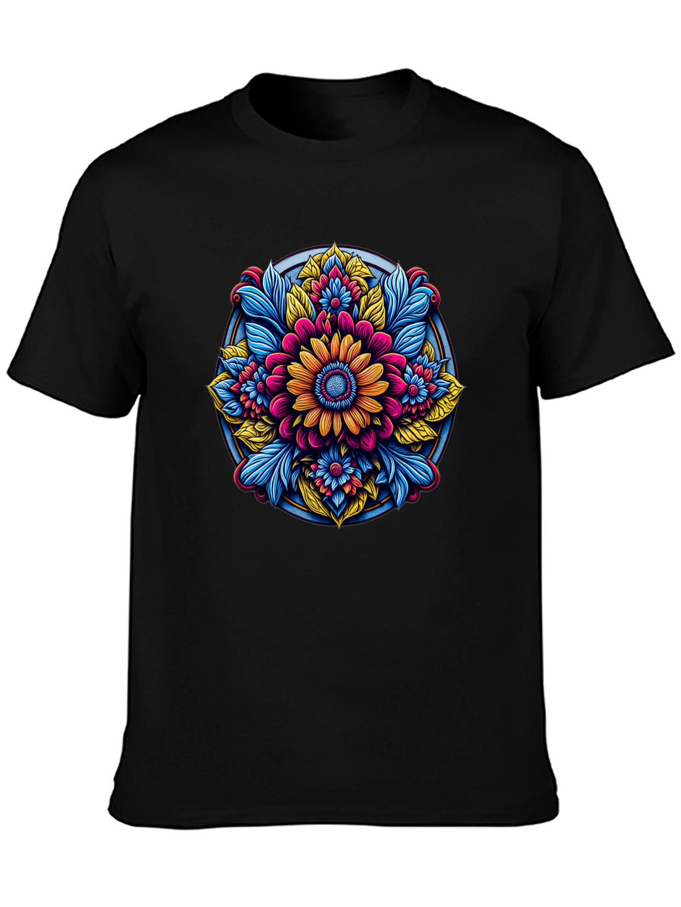 Camiseta Negra con Diseño Floral Mandala