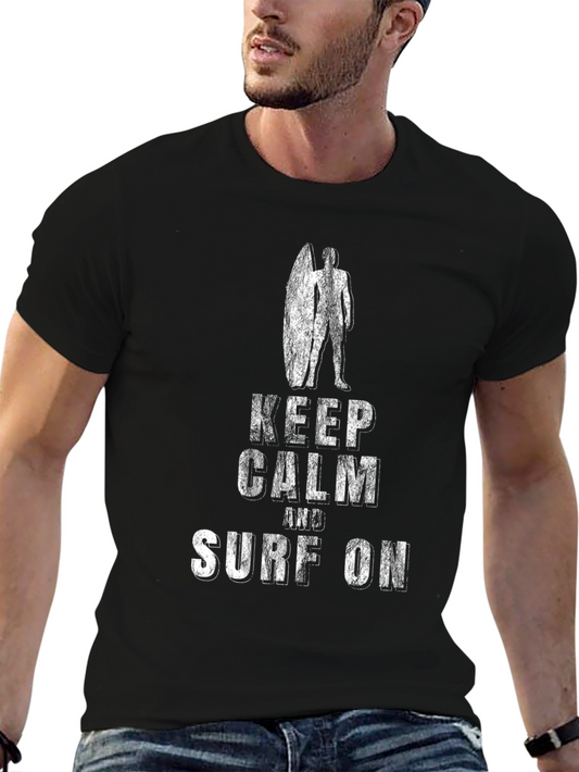 Camiseta Negra con Diseño Surfista Keep Calm and Surf On
