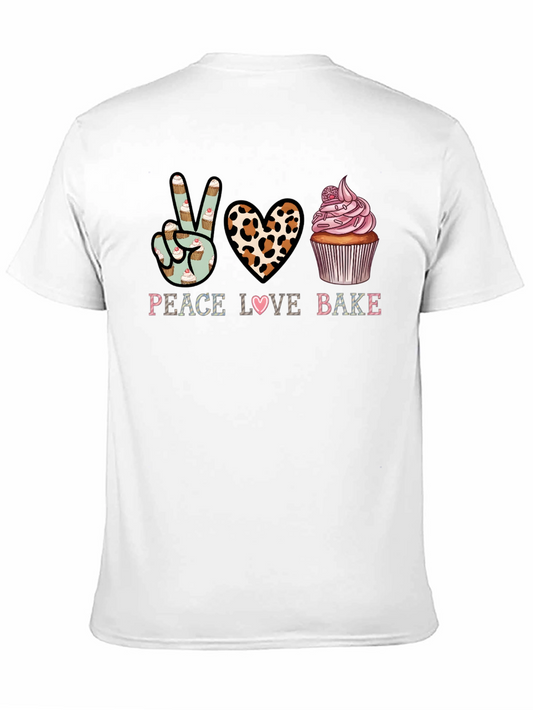 Camiseta Negra Peace Love Bake para Amantes de la Repostería