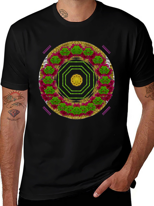 Camiseta Negra con Diseño Floral Octogonal Artístico
