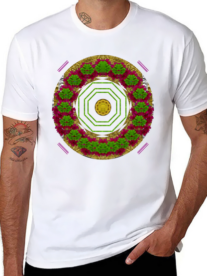 Camiseta Negra con Diseño Floral Octogonal Artístico