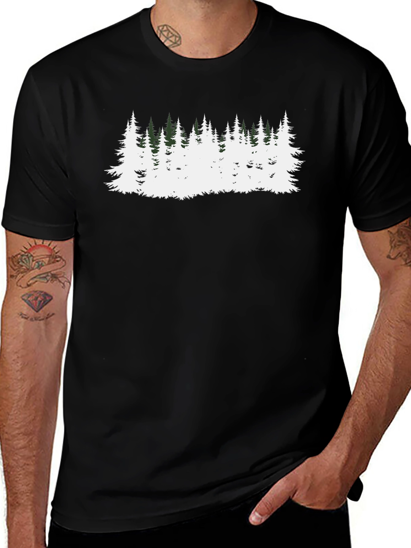 Camiseta Negra con Diseño de Bosque Invernal