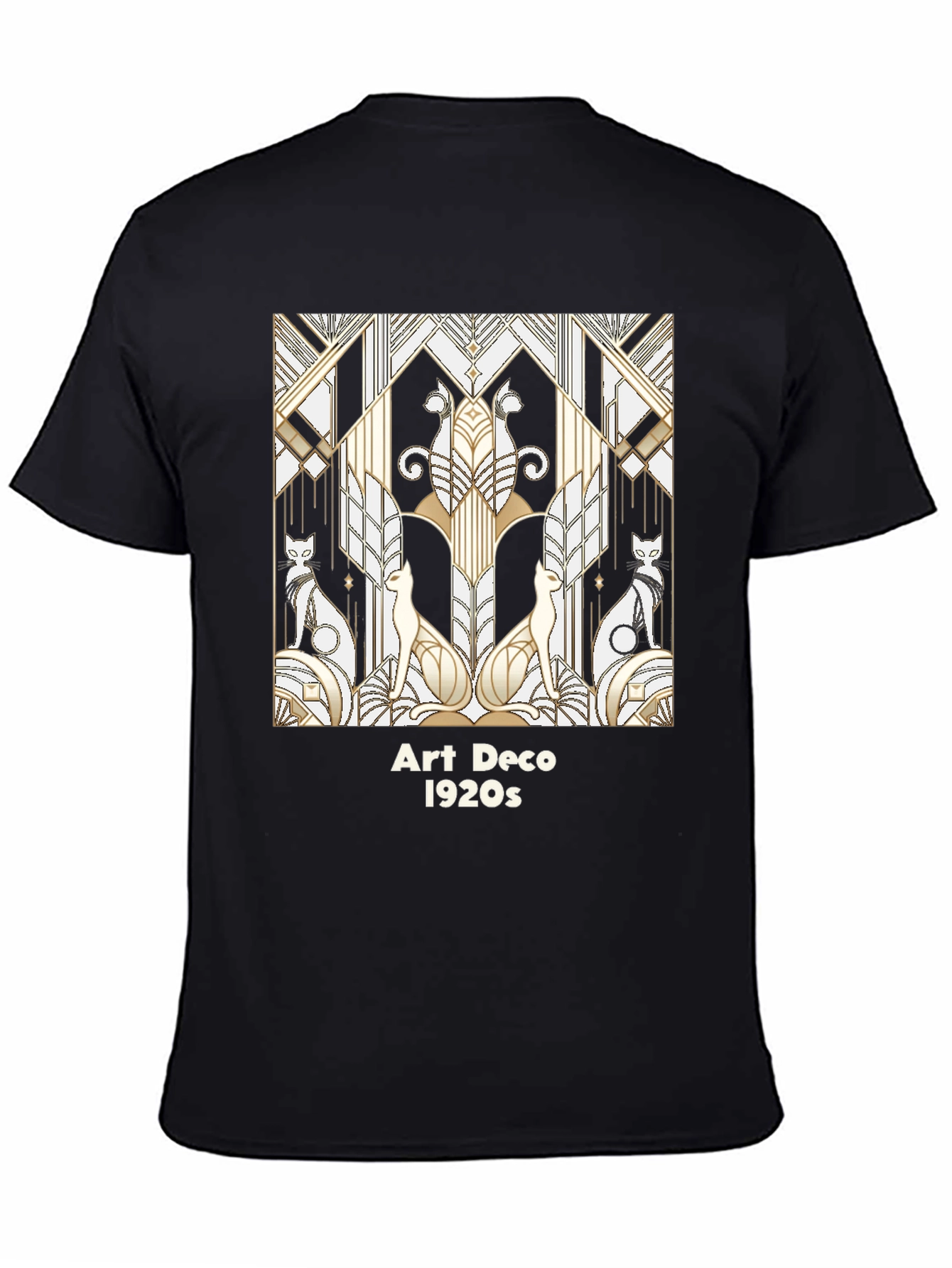 Camiseta Negra con Diseño Art Deco Gatos 1920s