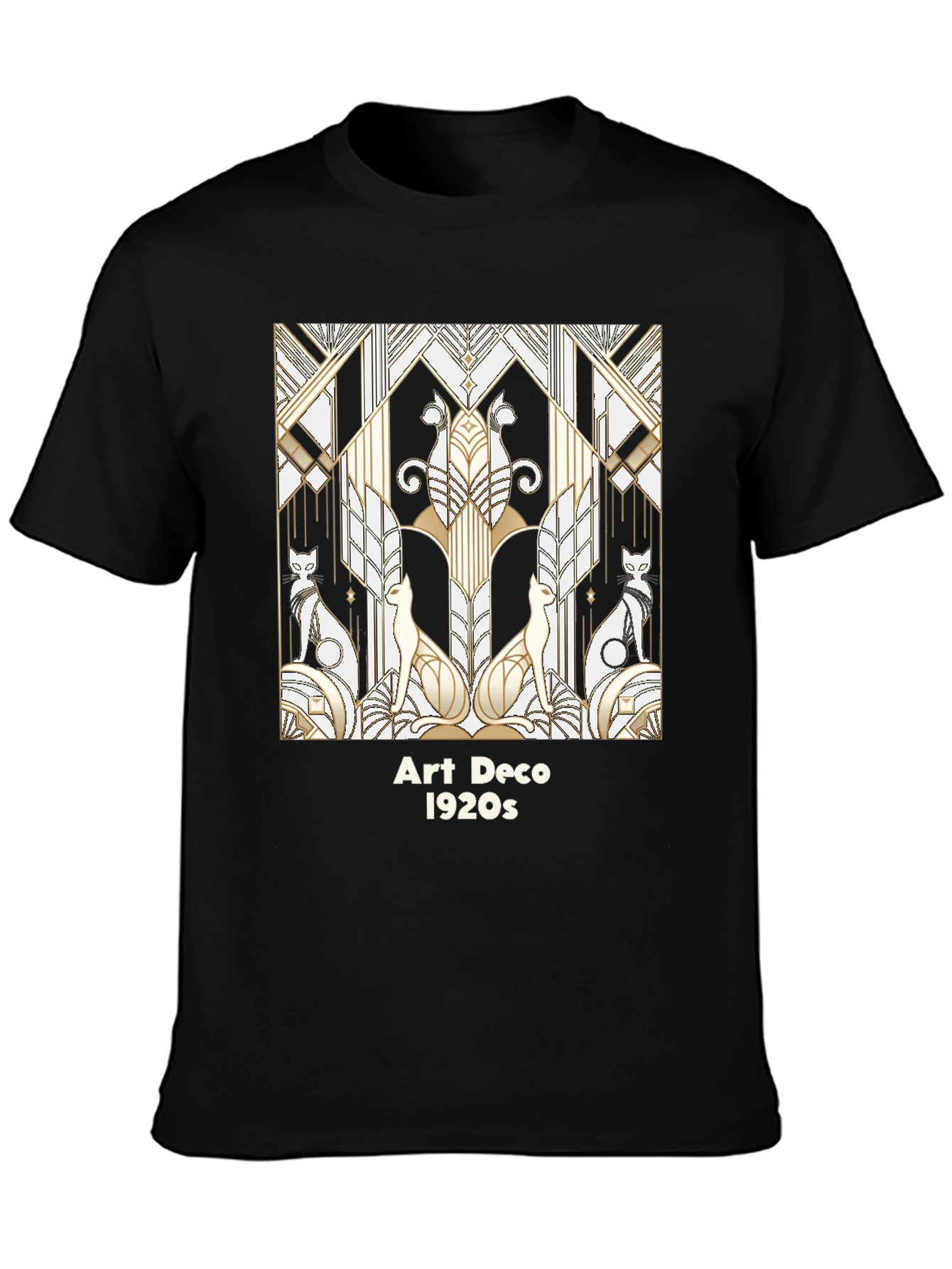 Camiseta Negra con Diseño Art Deco Gatos 1920s