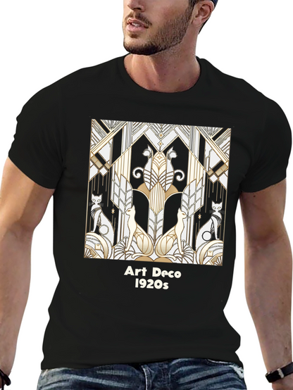 Camiseta Negra con Diseño Art Deco Gatos 1920s