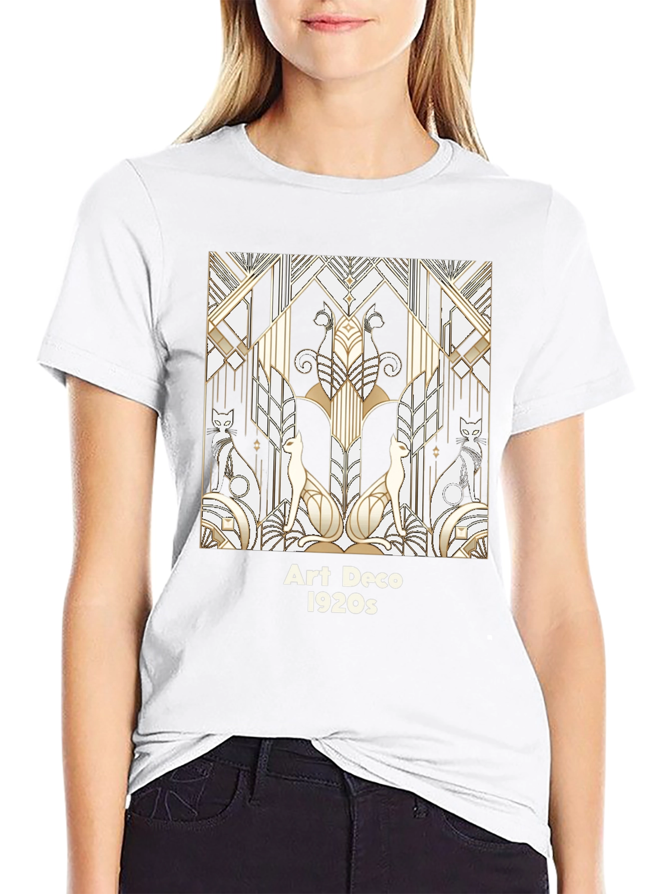 Camiseta Negra con Diseño Art Deco Gatos 1920s