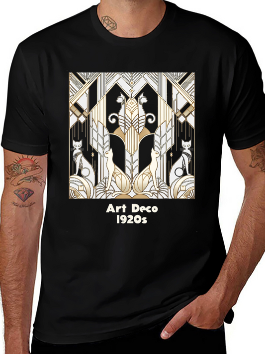Camiseta Negra con Diseño Art Deco Gatos 1920s