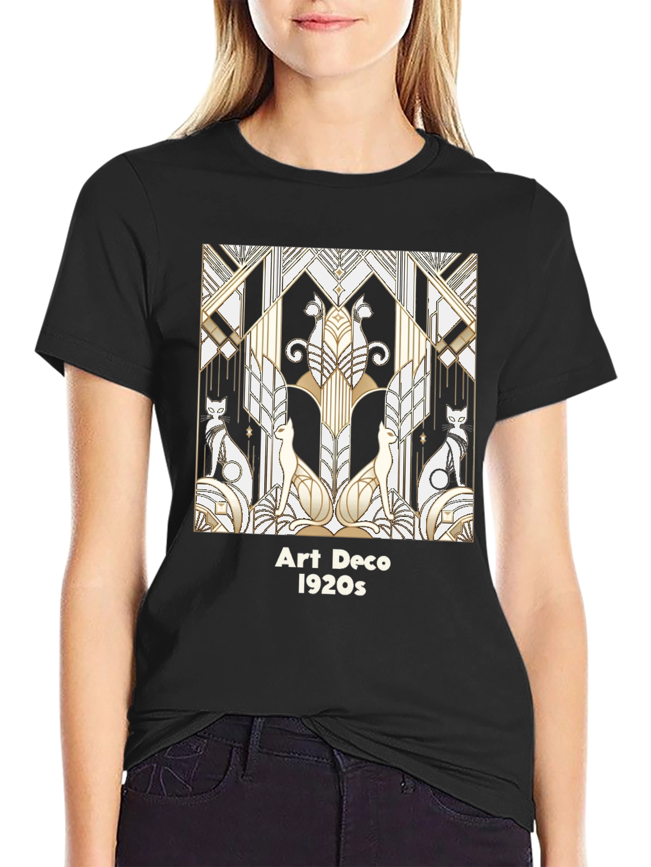 Camiseta Negra con Diseño Art Deco Gatos 1920s