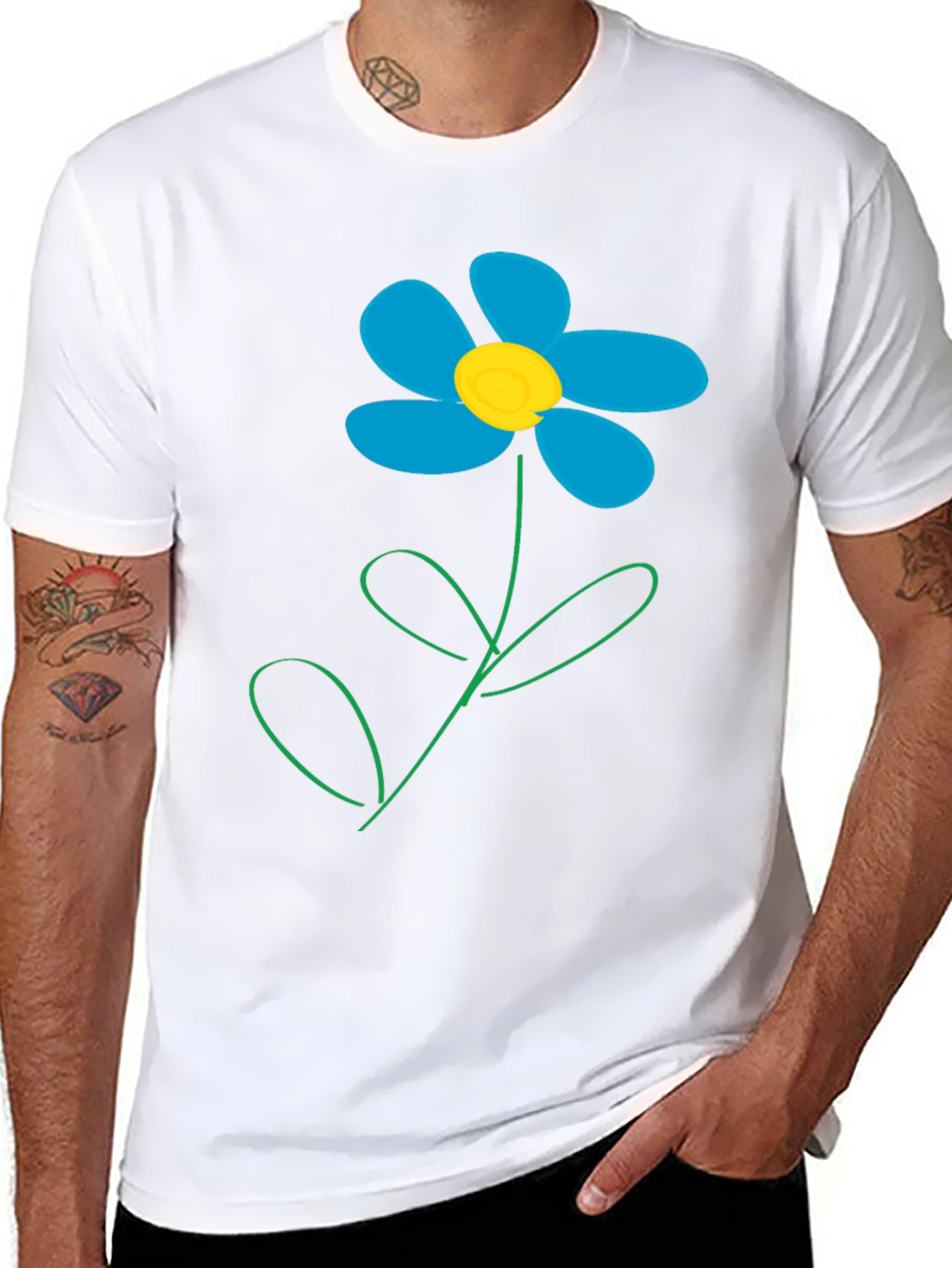 Camiseta Negra con Diseño de Flor Azul