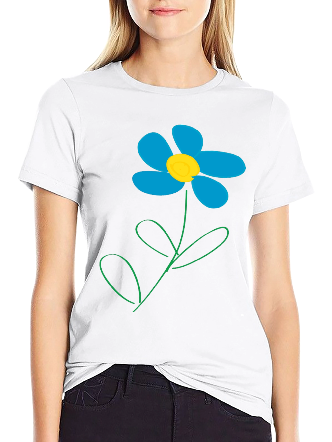 Camiseta Negra con Diseño de Flor Azul