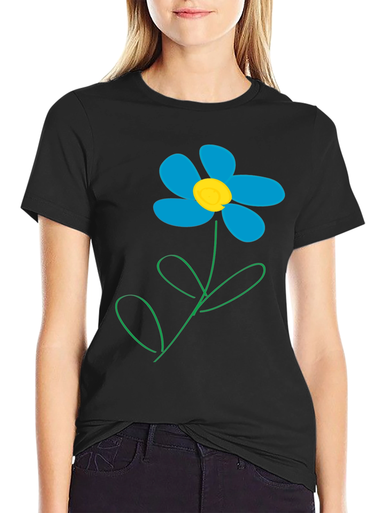 Camiseta Negra con Diseño de Flor Azul