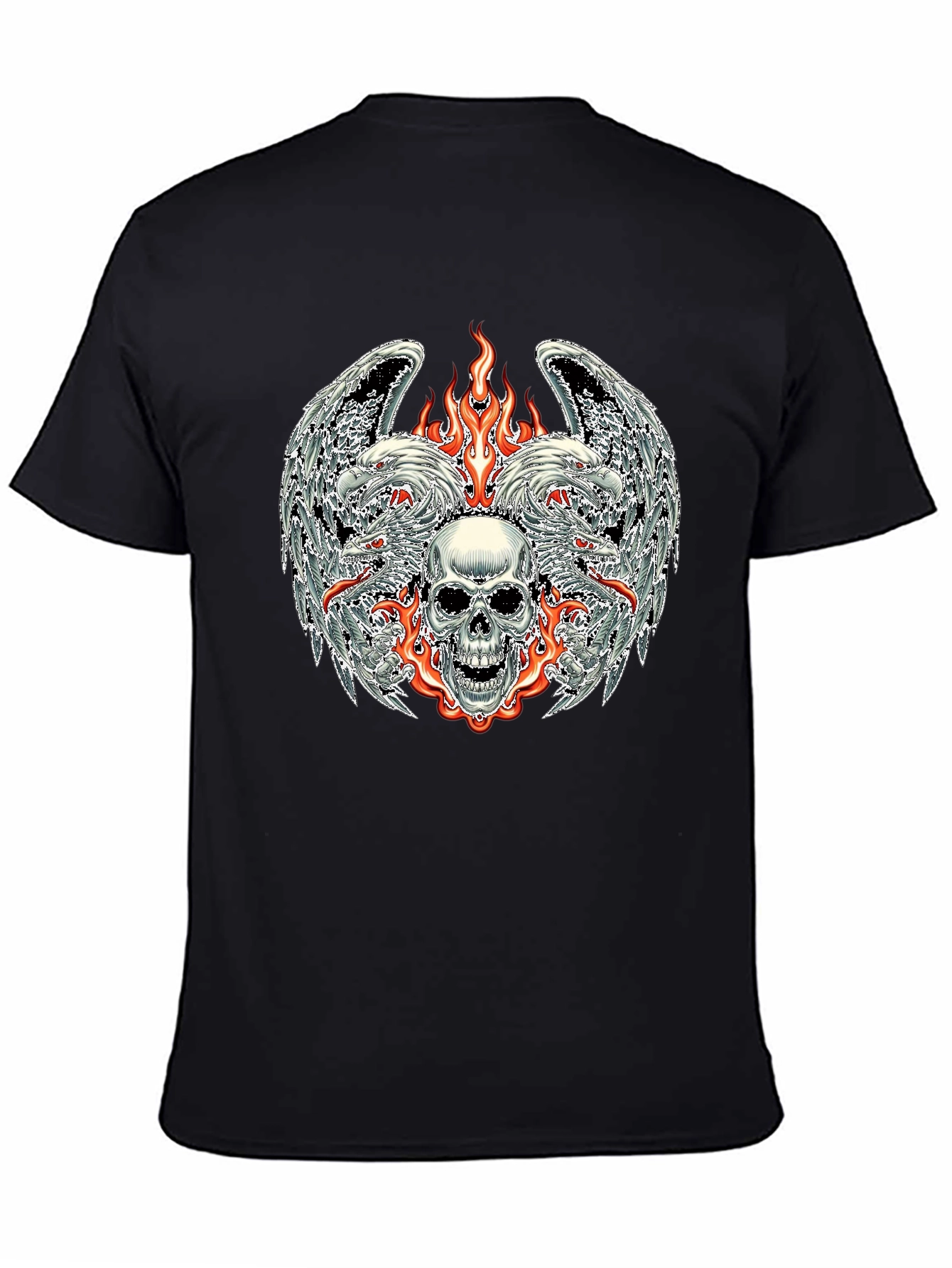 Camiseta Negra con Diseño de Calavera y Fuego