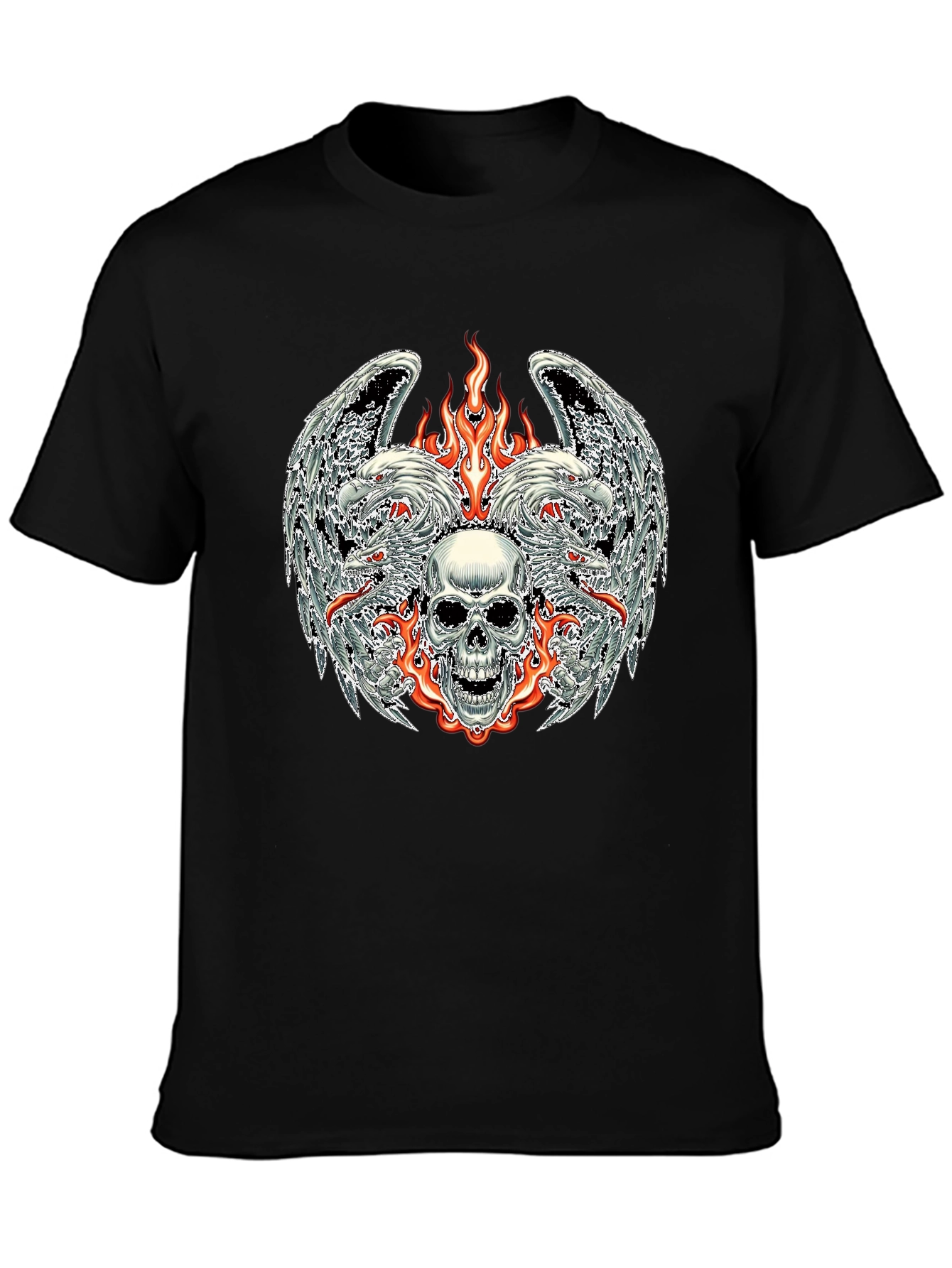 Camiseta Negra con Diseño de Calavera y Fuego