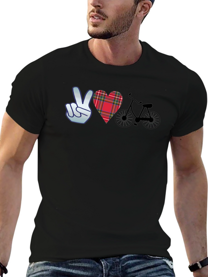 Camiseta Negra con Diseño Paz Amor y Bicicleta