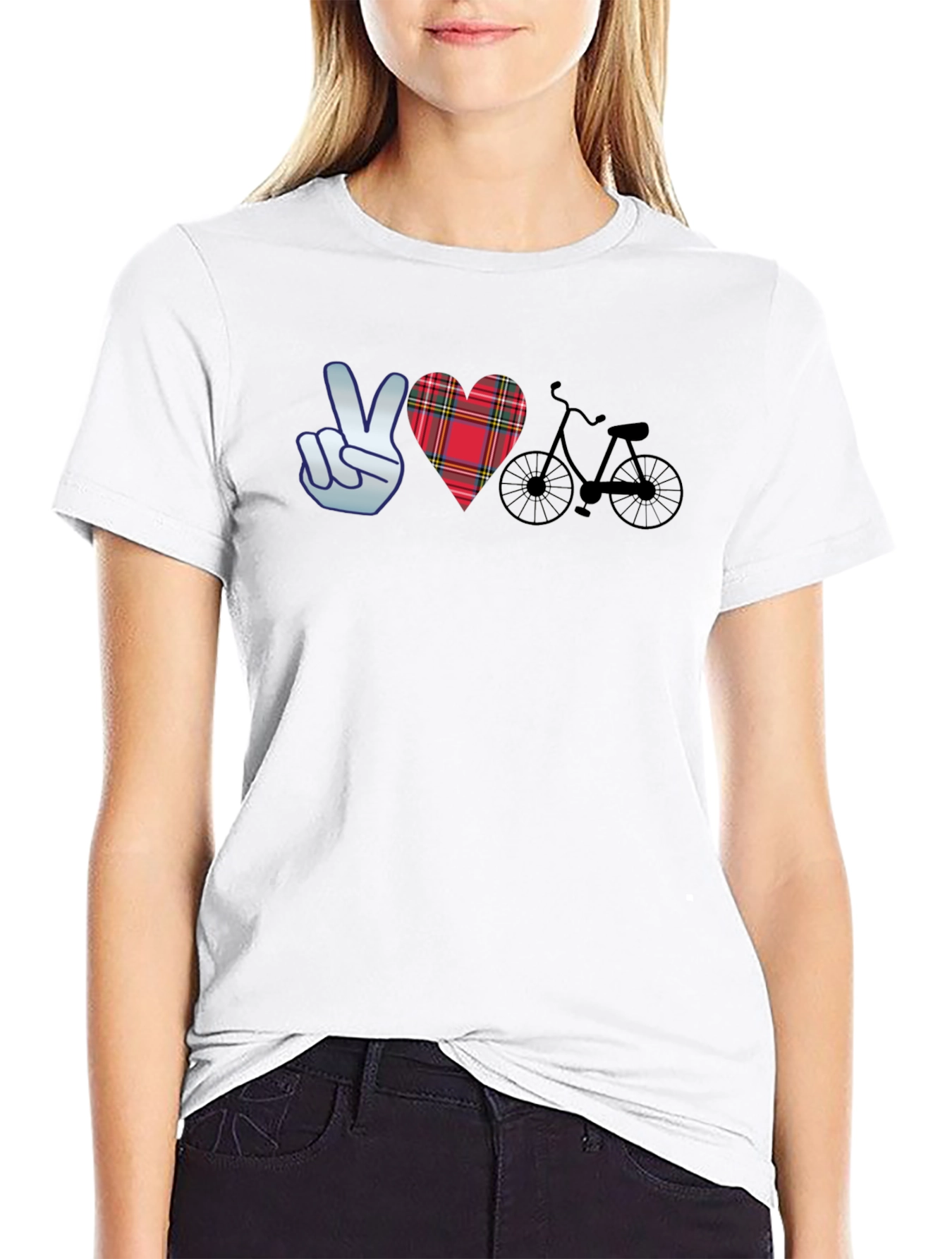 Camiseta Negra con Diseño Paz Amor y Bicicleta
