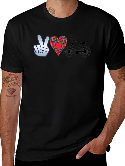 Camiseta Negra con Diseño Paz Amor y Bicicleta