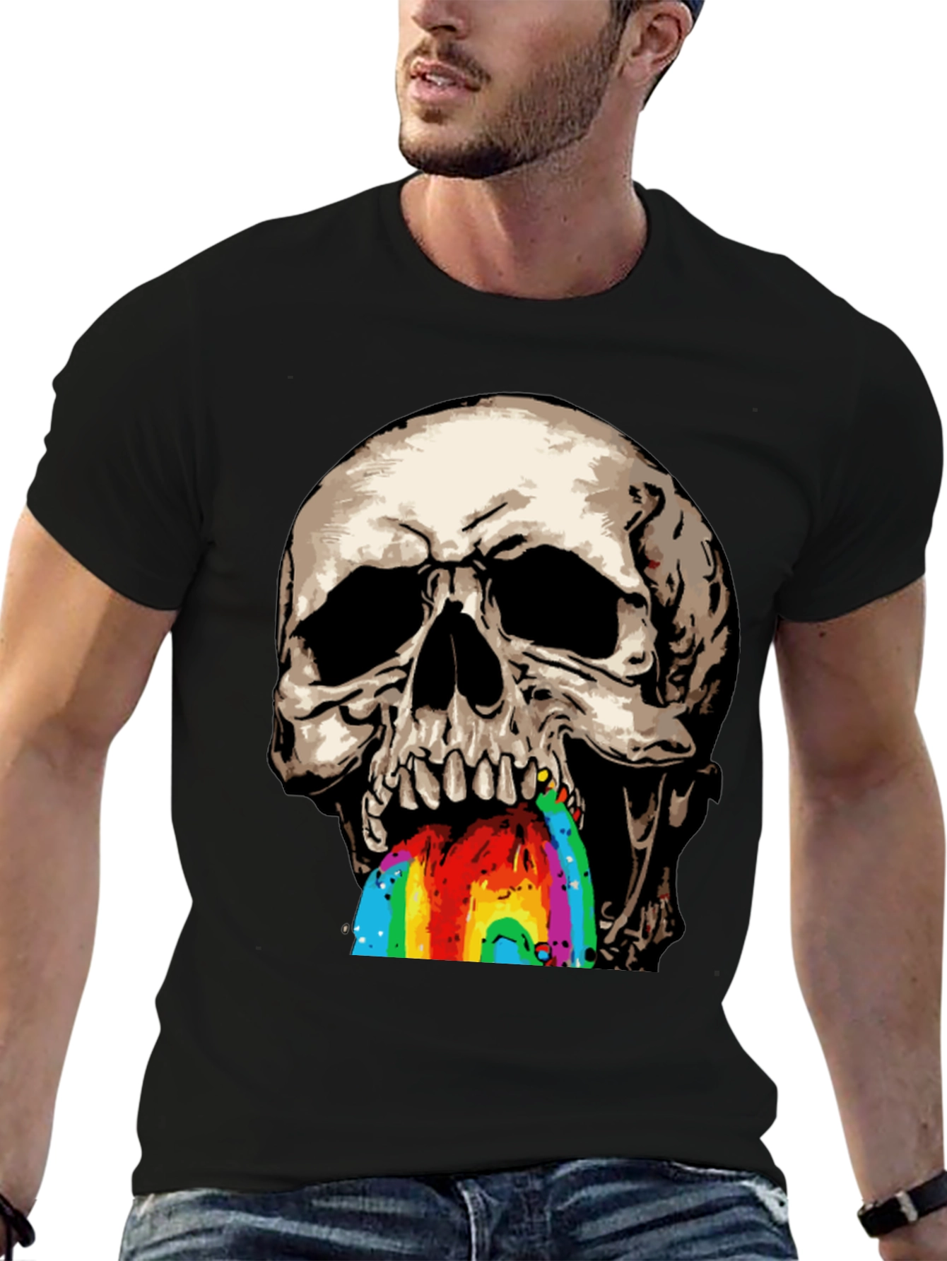 Camiseta Negra con Calavera Vomitando Arcoíris