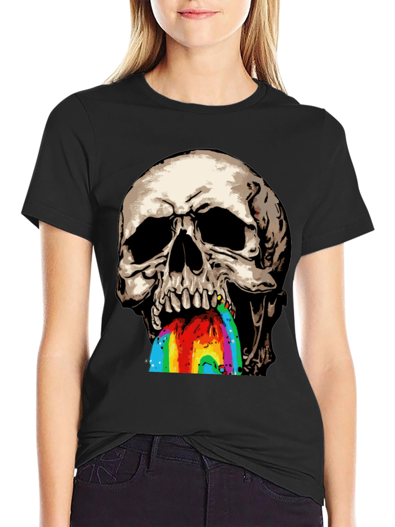 Camiseta Negra con Calavera Vomitando Arcoíris