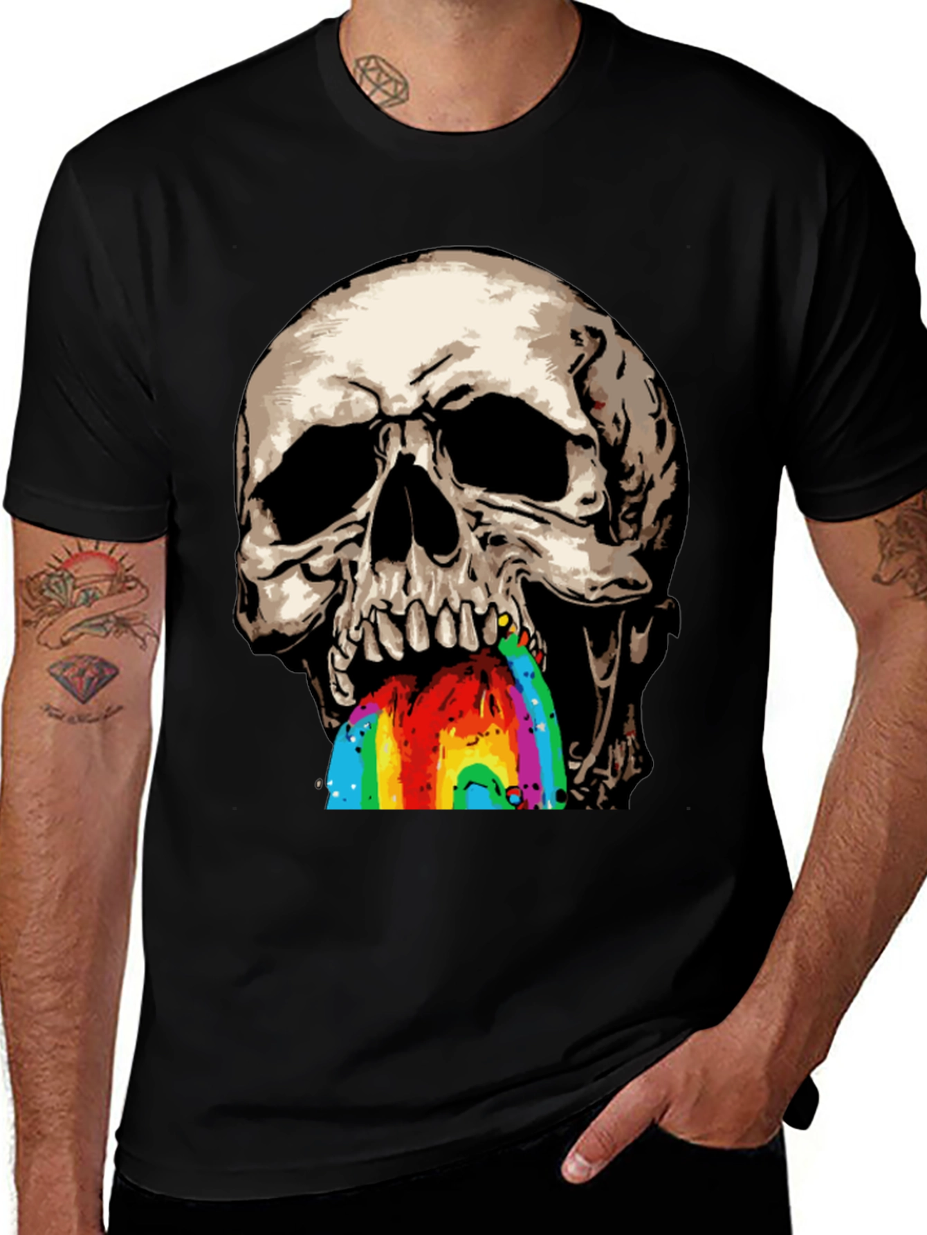 Camiseta Negra con Calavera Vomitando Arcoíris