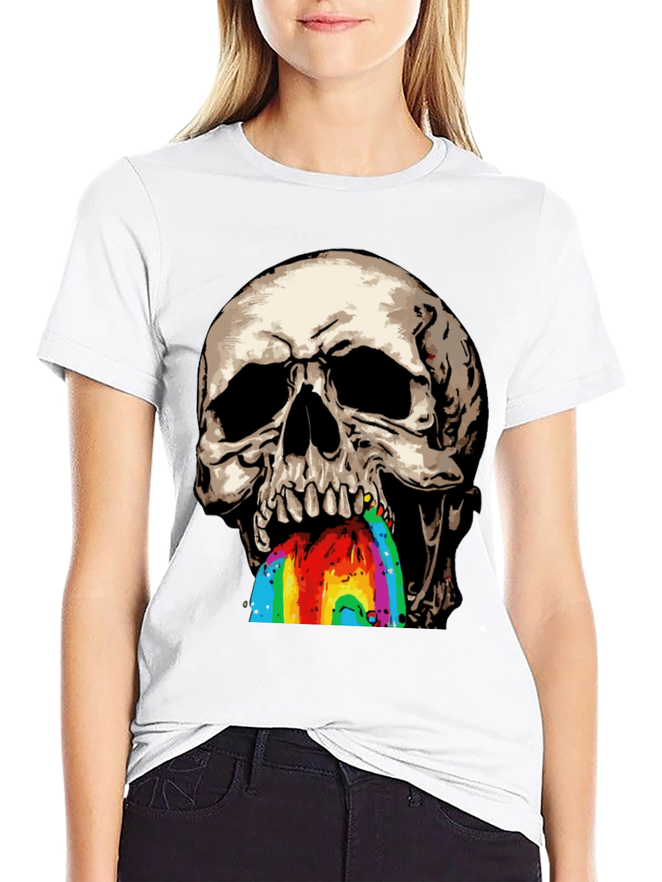 Camiseta Negra con Calavera Vomitando Arcoíris