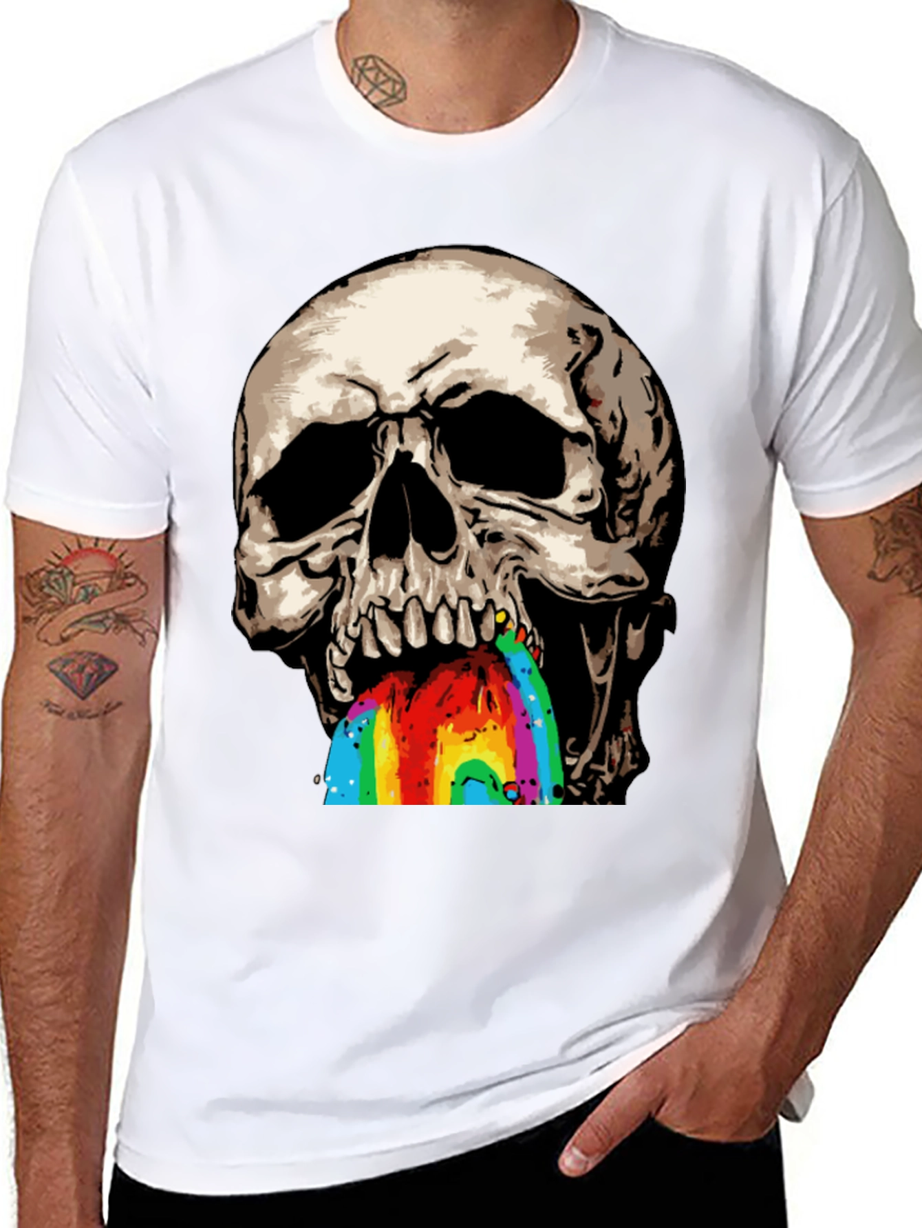 Camiseta Negra con Calavera Vomitando Arcoíris