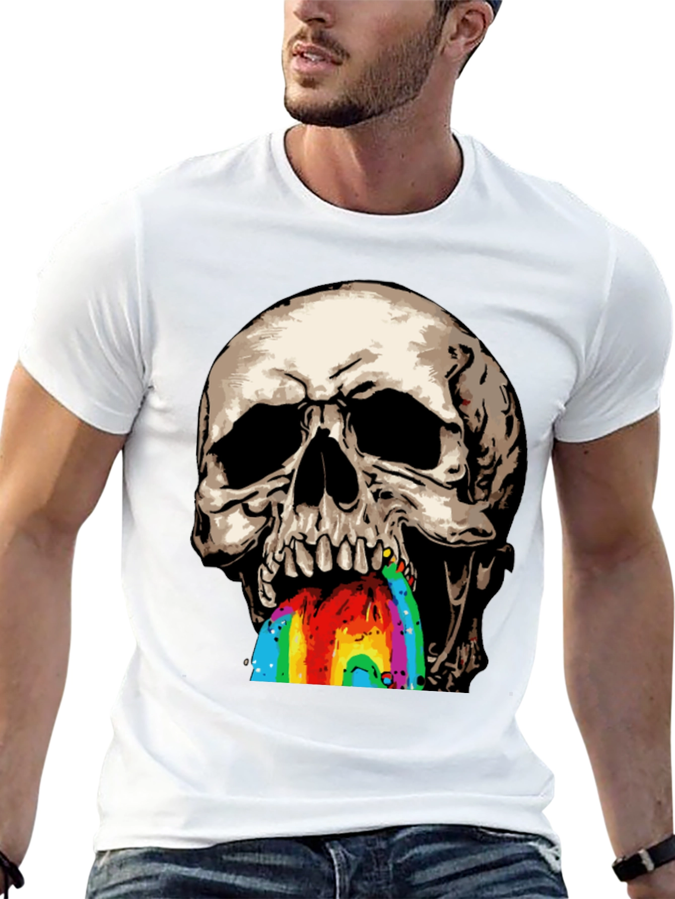 Camiseta Negra con Calavera Vomitando Arcoíris