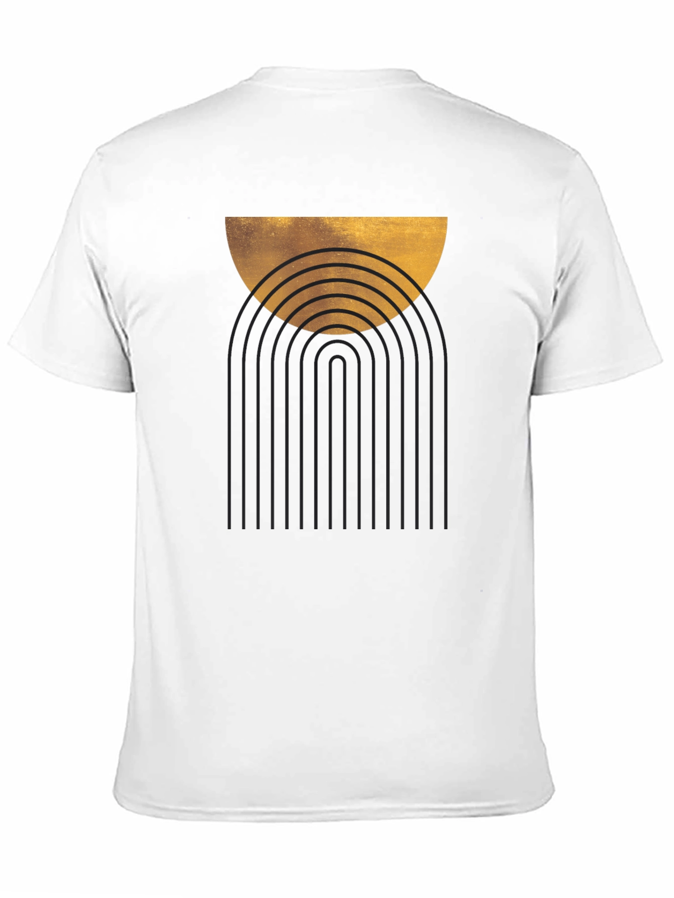Camiseta Negra Estampado Abstracto Dorado y Arcos