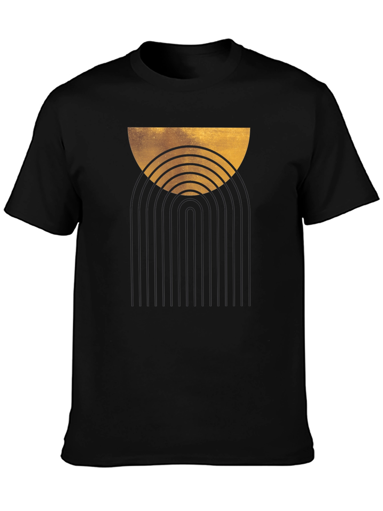 Camiseta Negra Estampado Abstracto Dorado y Arcos