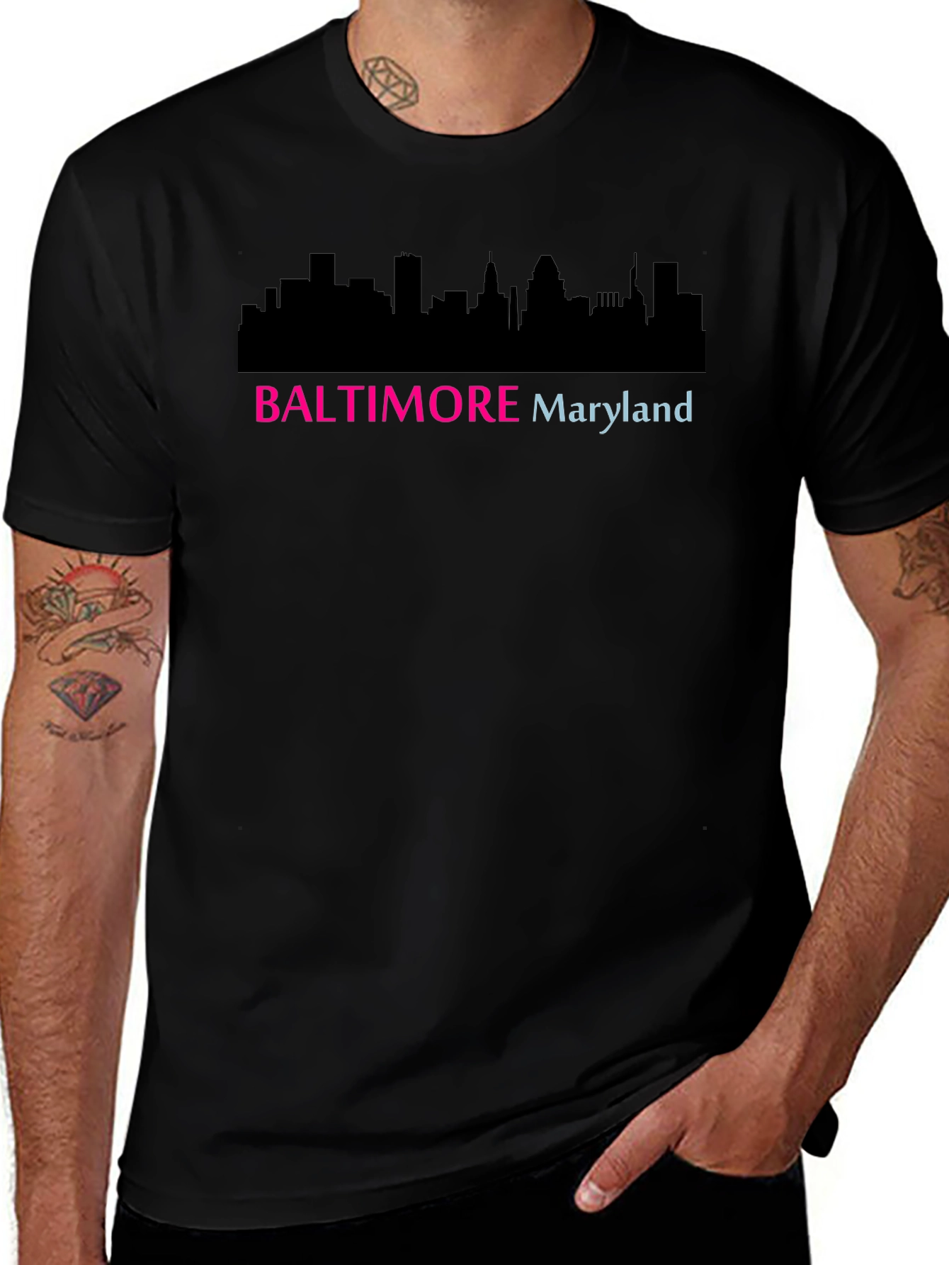 Camiseta Negra Baltimore Maryland Skyline Diseño Moderno