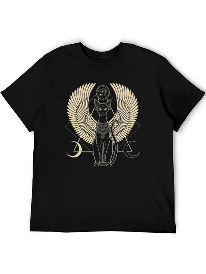 Camiseta Negra con Diseño Egipcio de Gato Alado