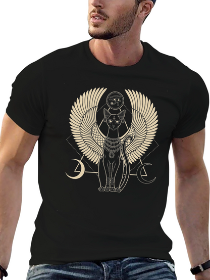 Camiseta Negra con Diseño Egipcio de Gato Alado